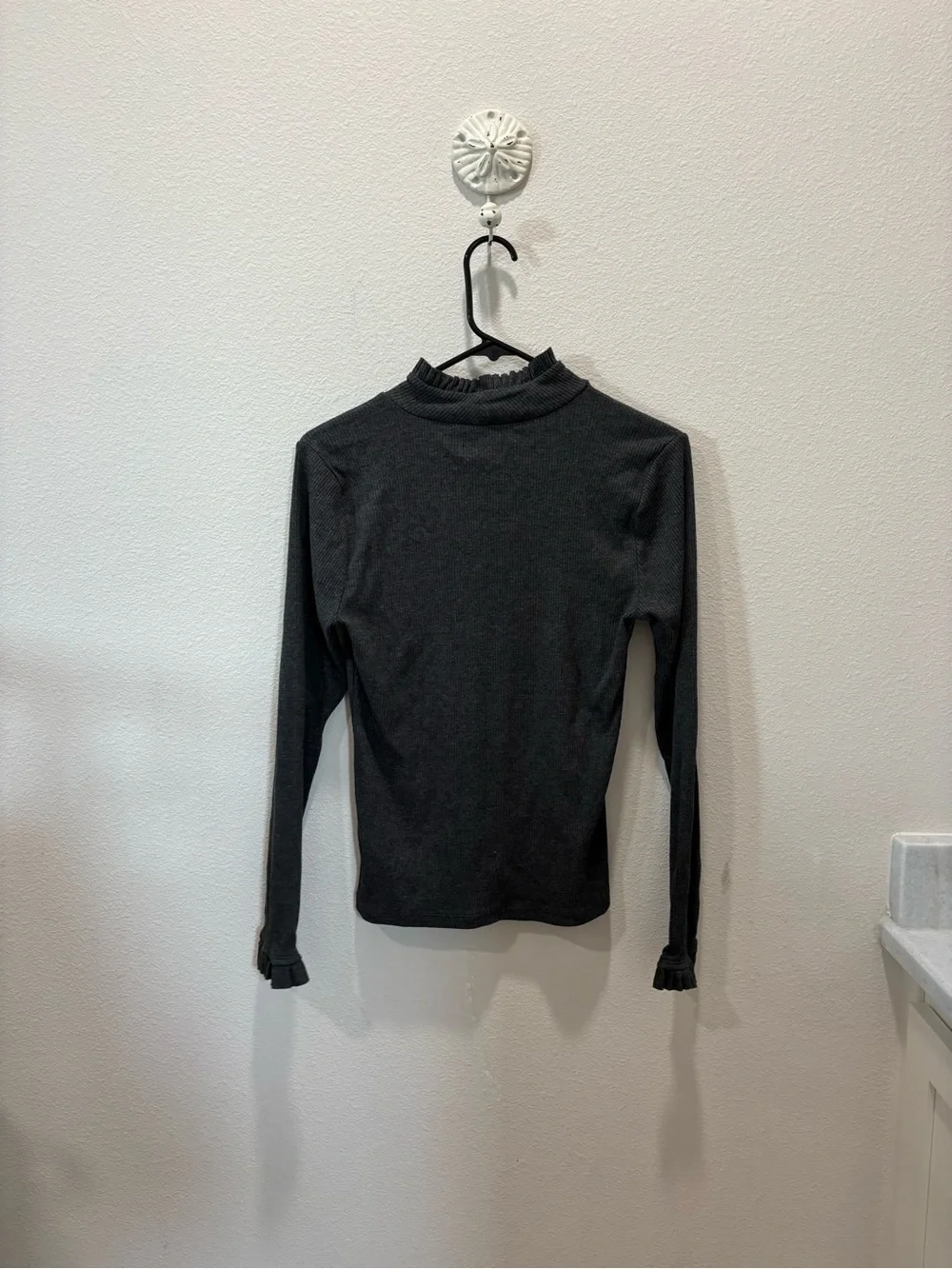 J. Crew Charcoal Ruffle Mock Neck Long Sleeve Top